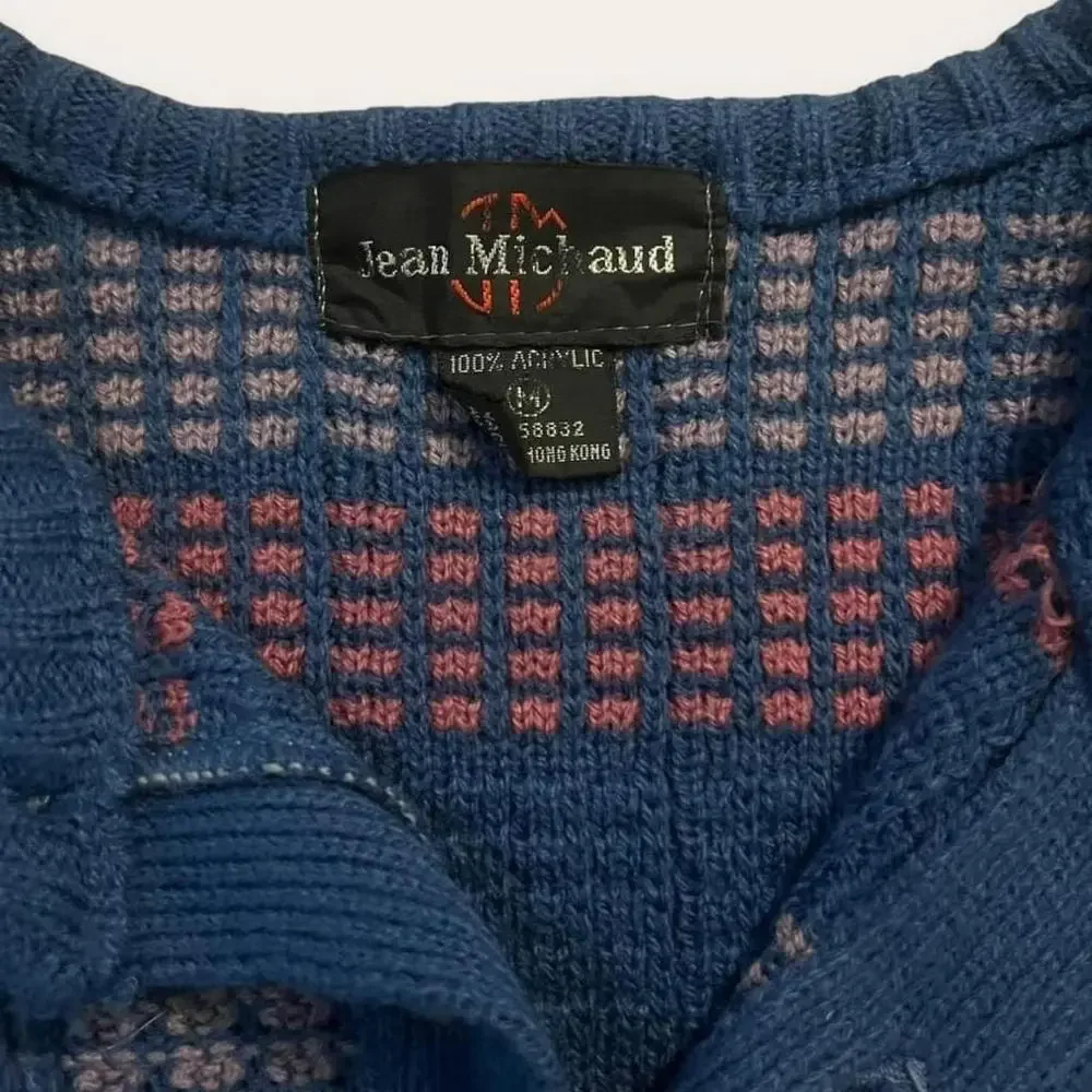 Vintage Checkered Patterned Sweater 1980s Jean Michaud Pullover Buttons Size Med - Picture 4 of 6